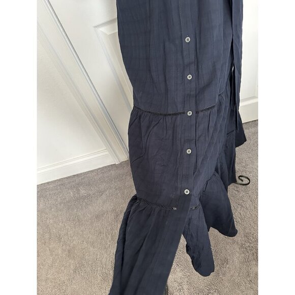 MADEWELL Tie-Waist Tiered Midi Dress Windowpane Navy Blue Button Up Size 8 - Picture 7 of 16